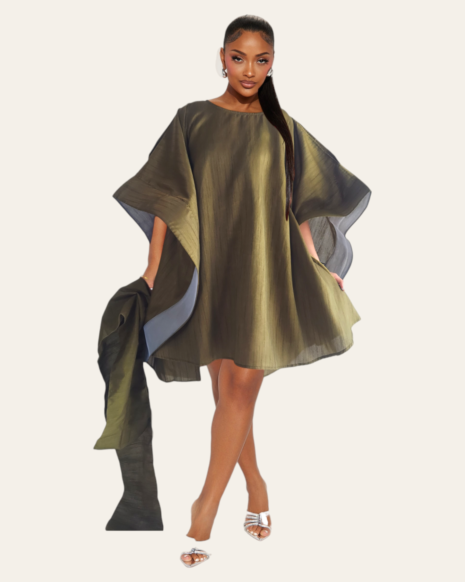 Olive Elegance Silk Wing Dress